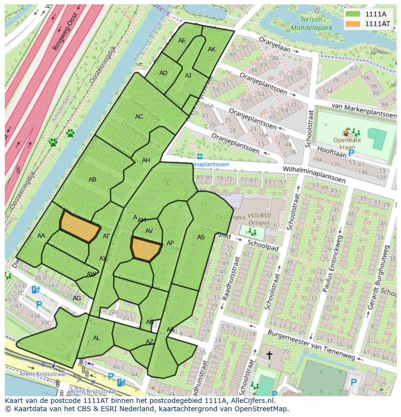 Afbeelding van het postcodegebied 1111 AT op de kaart.