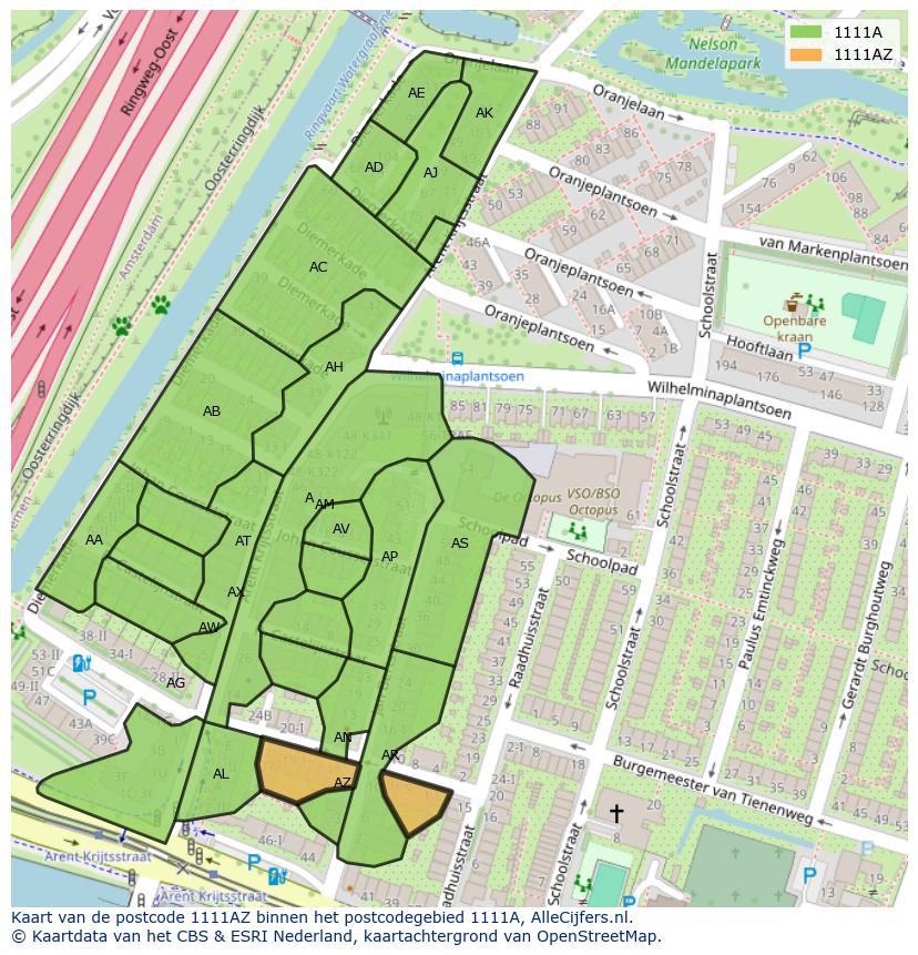 Afbeelding van het postcodegebied 1111 AZ op de kaart.