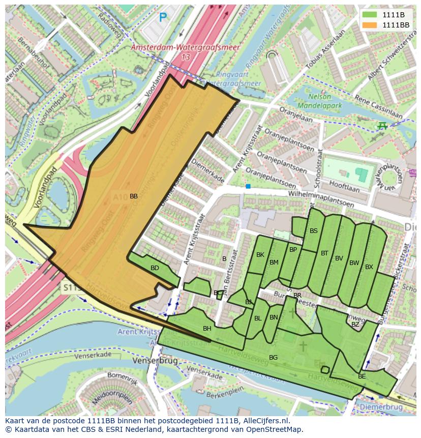 Afbeelding van het postcodegebied 1111 BB op de kaart.