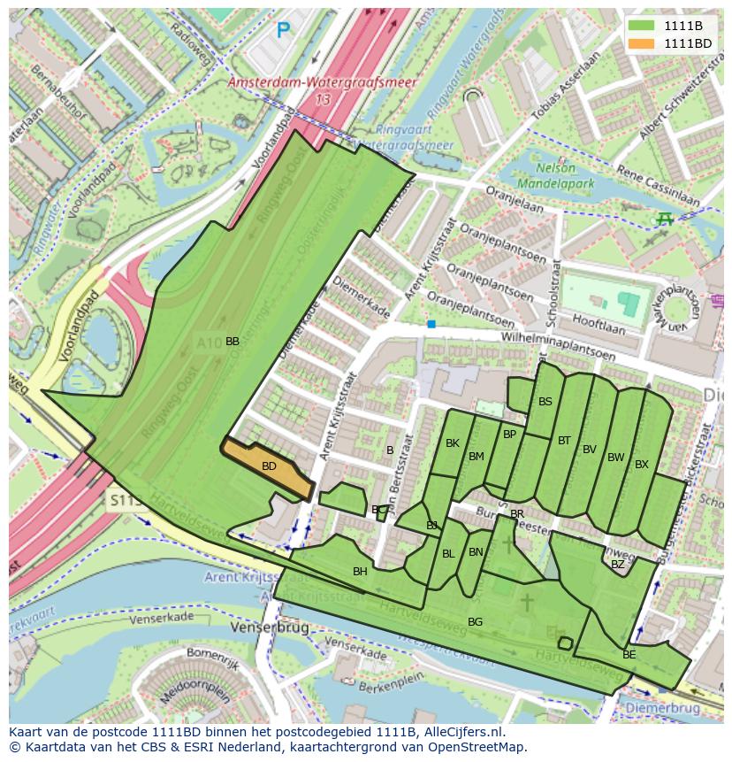 Afbeelding van het postcodegebied 1111 BD op de kaart.