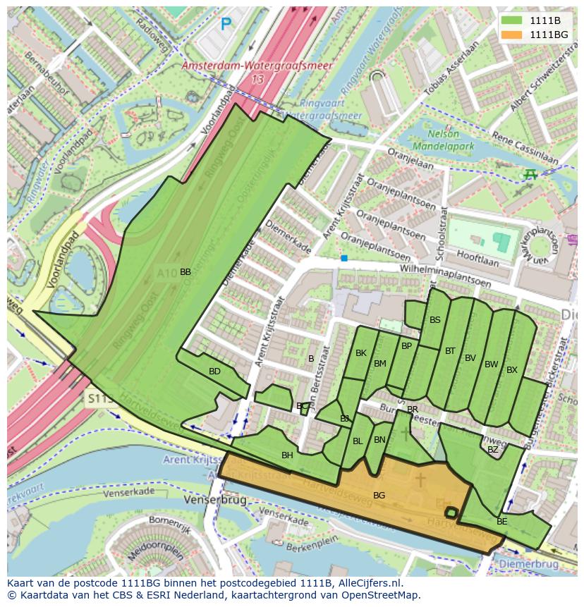 Afbeelding van het postcodegebied 1111 BG op de kaart.