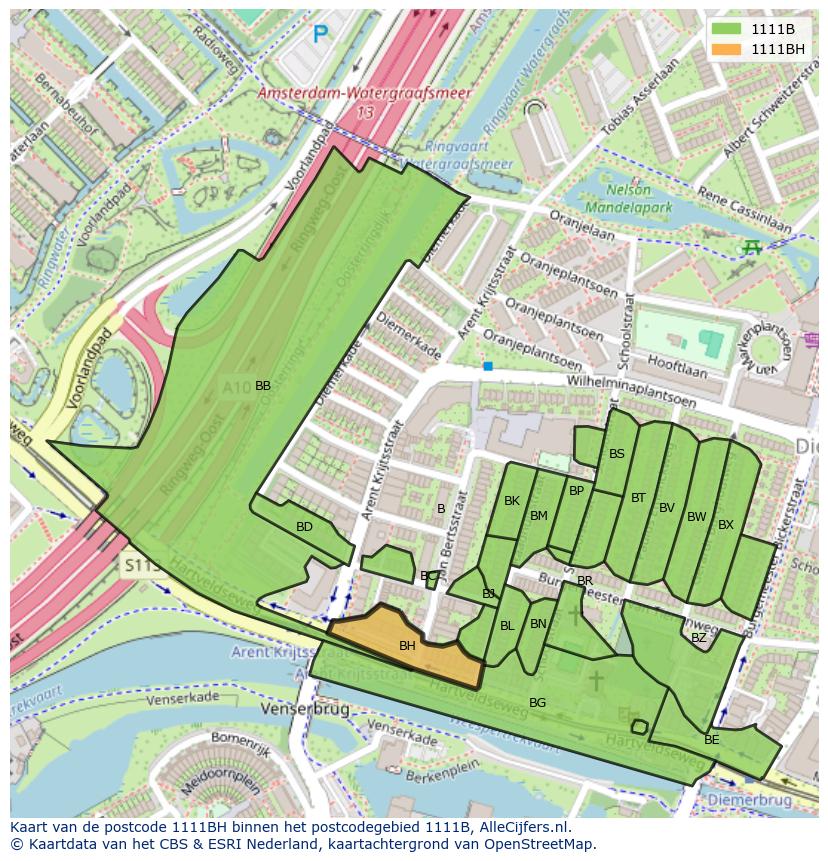 Afbeelding van het postcodegebied 1111 BH op de kaart.