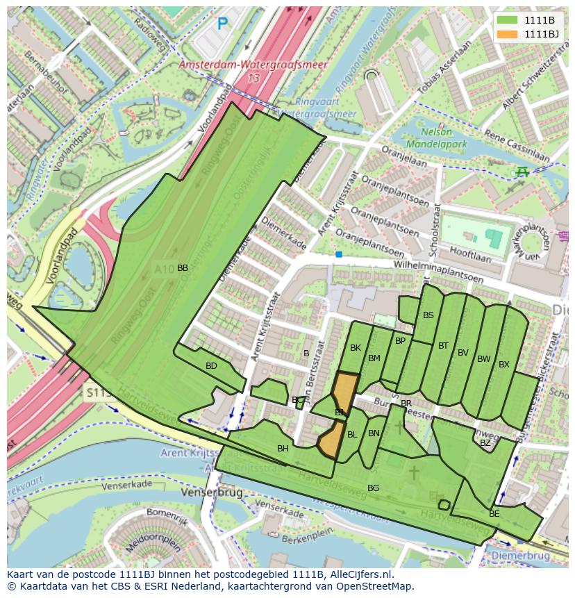 Afbeelding van het postcodegebied 1111 BJ op de kaart.