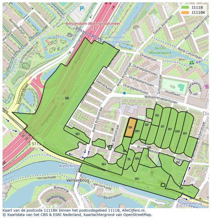 Afbeelding van het postcodegebied 1111 BK op de kaart.