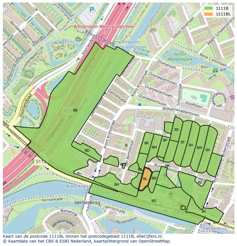 Afbeelding van het postcodegebied 1111 BL op de kaart.
