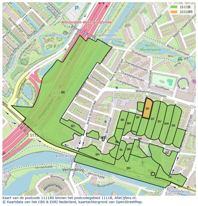 Afbeelding van het postcodegebied 1111 BS op de kaart.