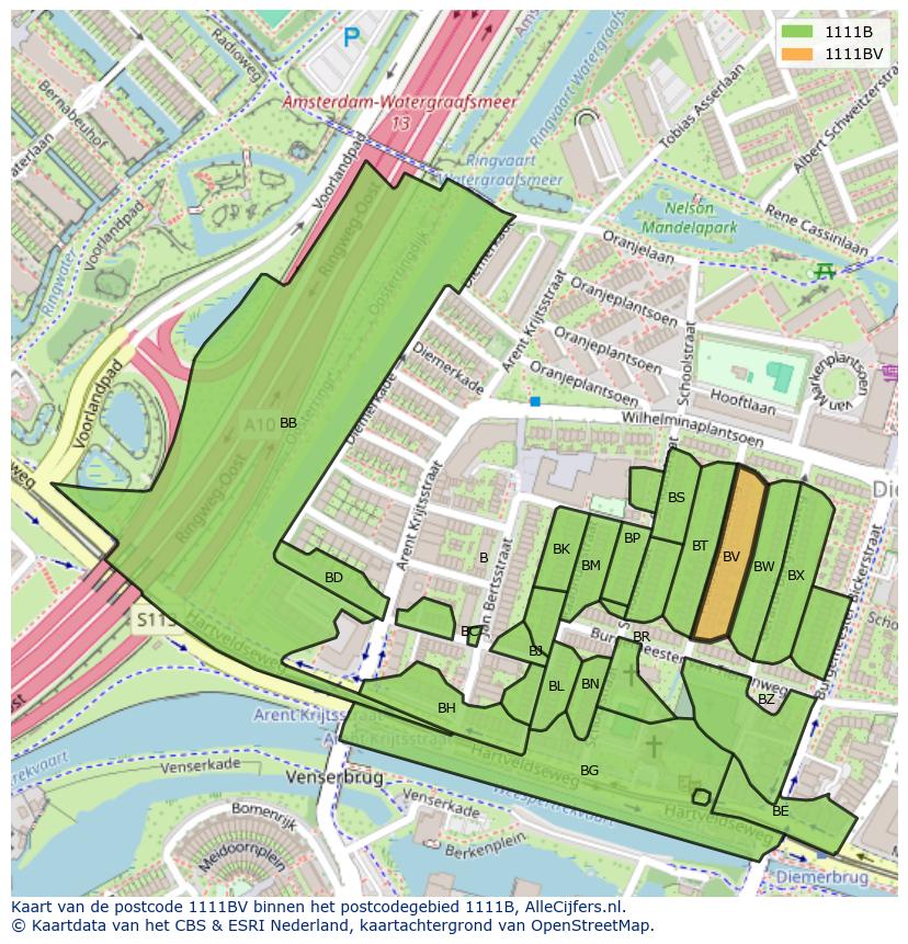 Afbeelding van het postcodegebied 1111 BV op de kaart.