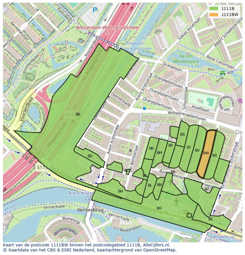 Afbeelding van het postcodegebied 1111 BW op de kaart.