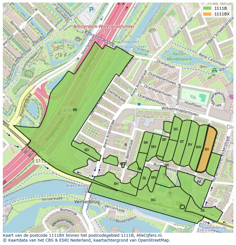 Afbeelding van het postcodegebied 1111 BX op de kaart.