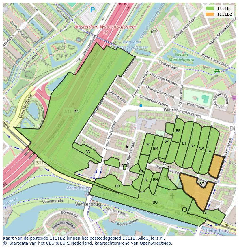 Afbeelding van het postcodegebied 1111 BZ op de kaart.