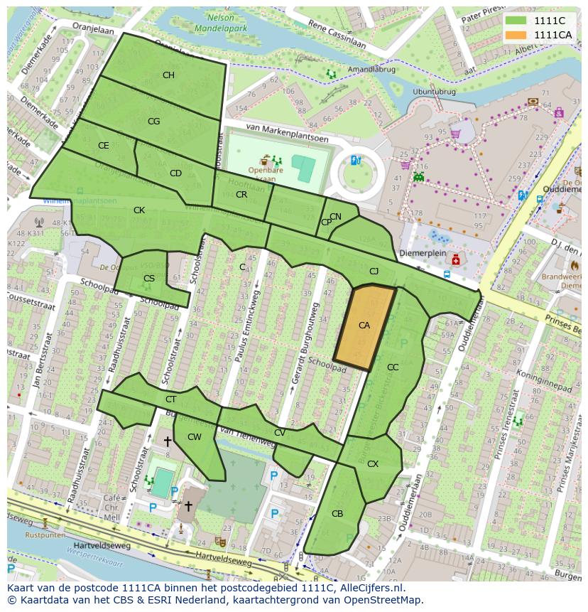Afbeelding van het postcodegebied 1111 CA op de kaart.