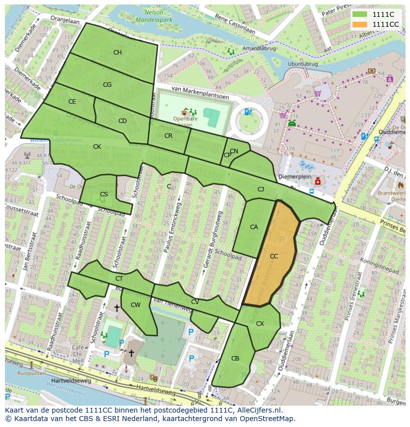 Afbeelding van het postcodegebied 1111 CC op de kaart.