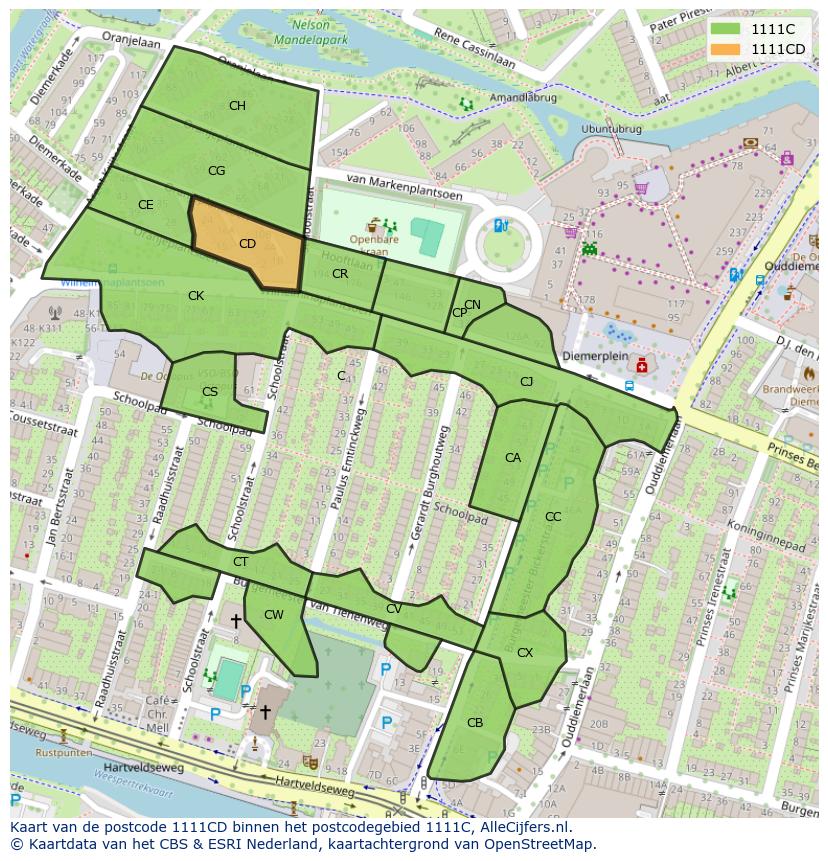 Afbeelding van het postcodegebied 1111 CD op de kaart.