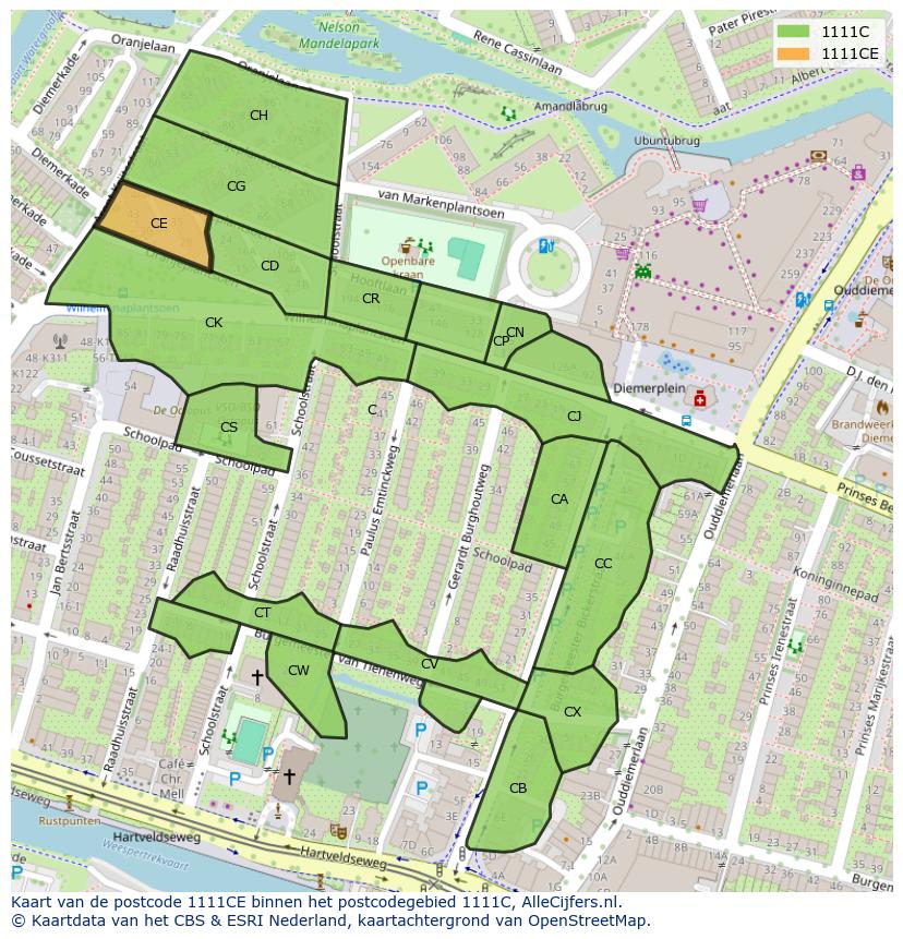 Afbeelding van het postcodegebied 1111 CE op de kaart.
