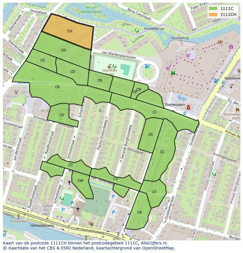 Afbeelding van het postcodegebied 1111 CH op de kaart.