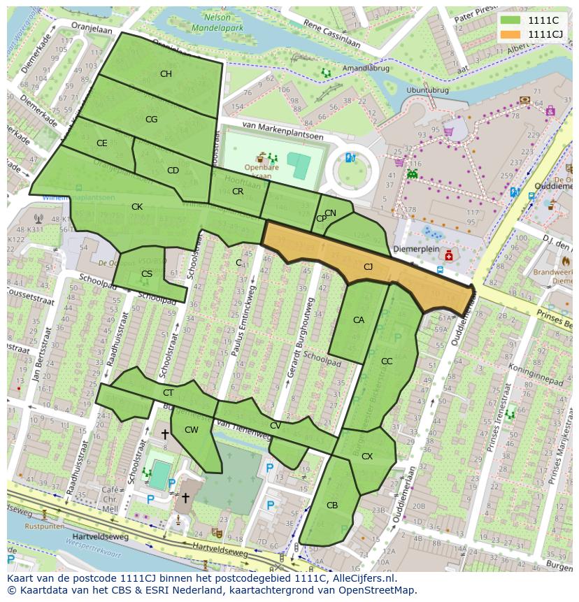 Afbeelding van het postcodegebied 1111 CJ op de kaart.