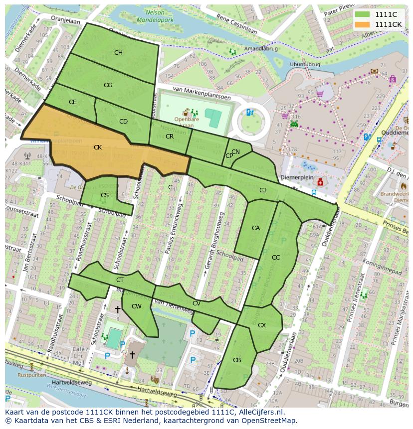 Afbeelding van het postcodegebied 1111 CK op de kaart.