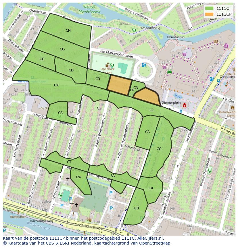 Afbeelding van het postcodegebied 1111 CP op de kaart.