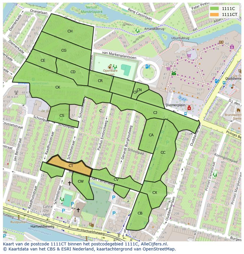 Afbeelding van het postcodegebied 1111 CT op de kaart.