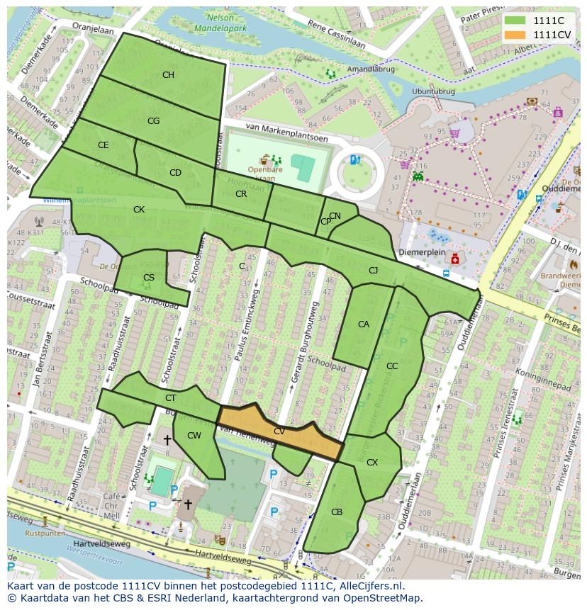 Afbeelding van het postcodegebied 1111 CV op de kaart.