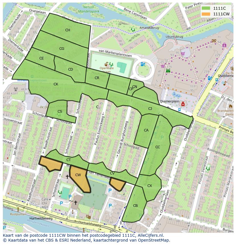 Afbeelding van het postcodegebied 1111 CW op de kaart.