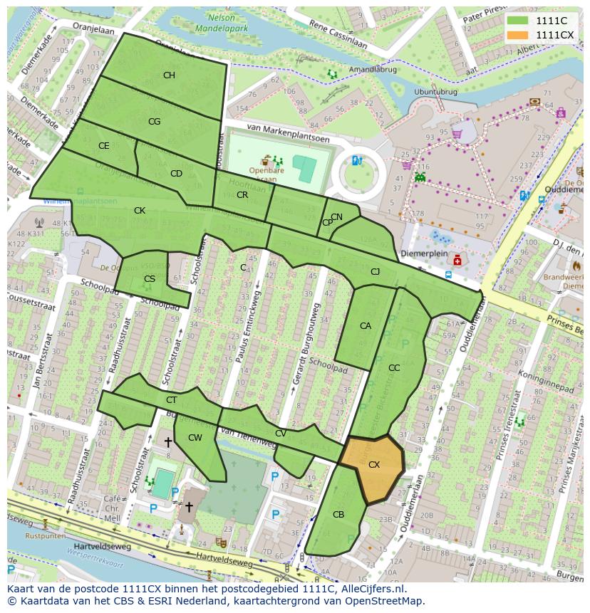 Afbeelding van het postcodegebied 1111 CX op de kaart.