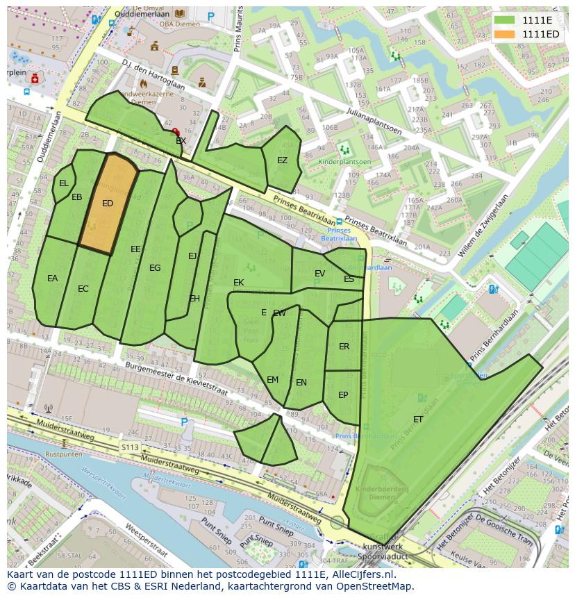 Afbeelding van het postcodegebied 1111 ED op de kaart.