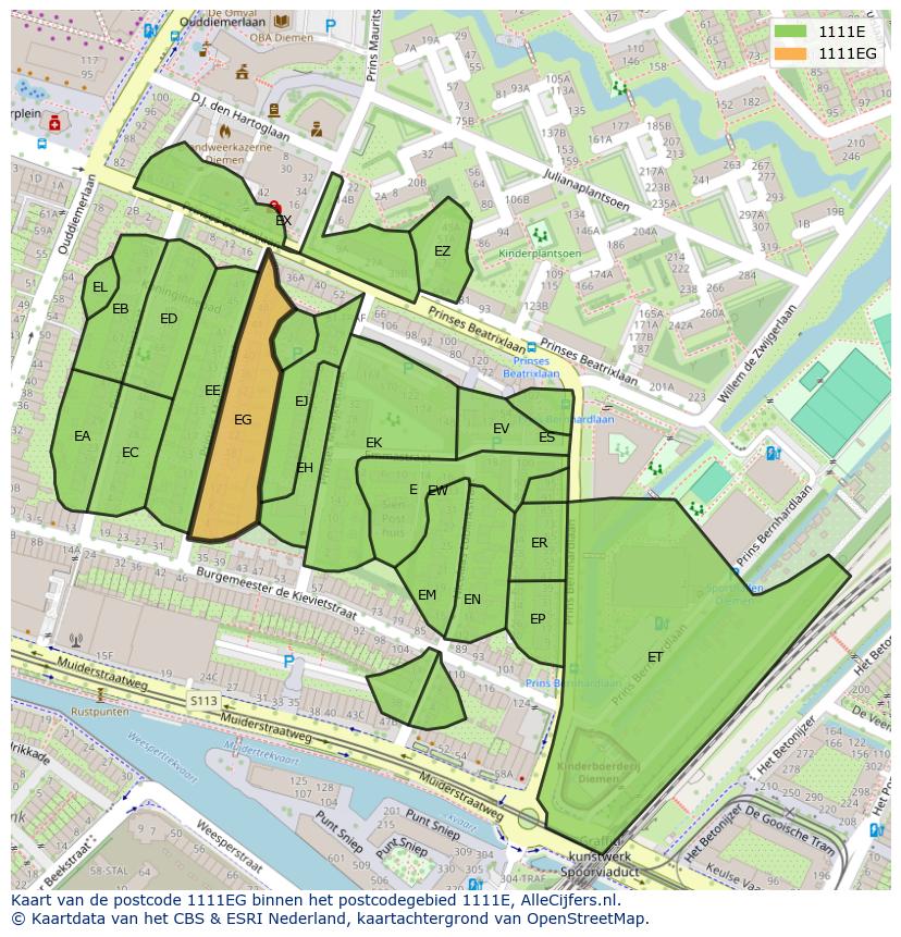 Afbeelding van het postcodegebied 1111 EG op de kaart.
