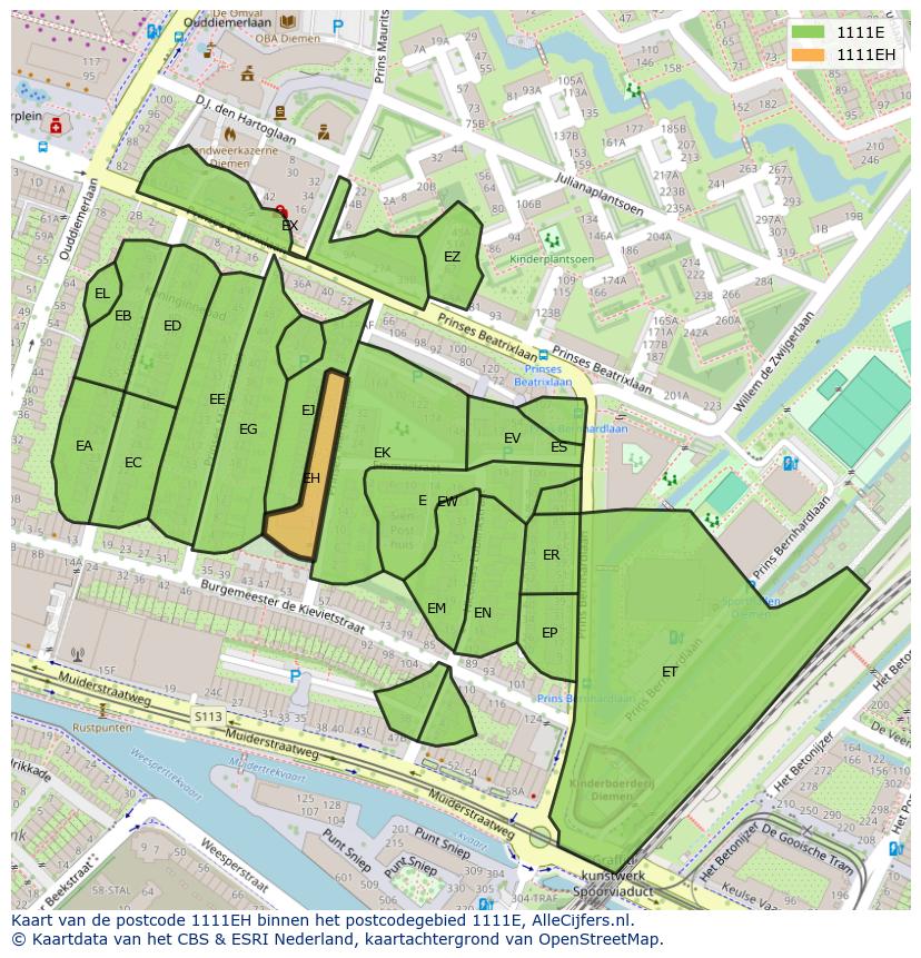 Afbeelding van het postcodegebied 1111 EH op de kaart.