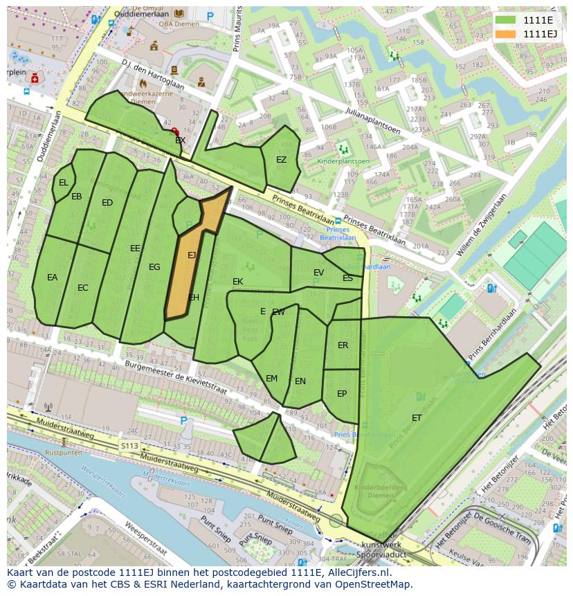 Afbeelding van het postcodegebied 1111 EJ op de kaart.
