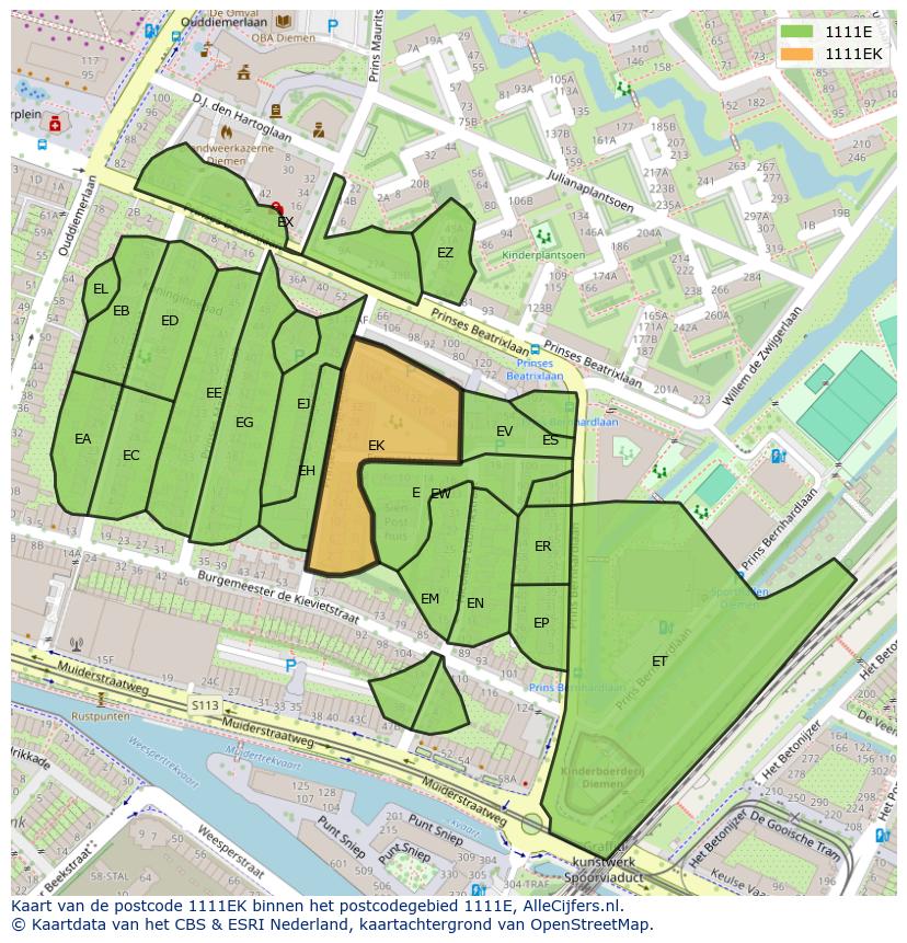 Afbeelding van het postcodegebied 1111 EK op de kaart.