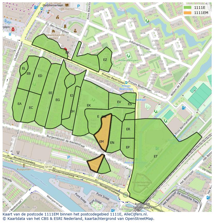 Afbeelding van het postcodegebied 1111 EM op de kaart.