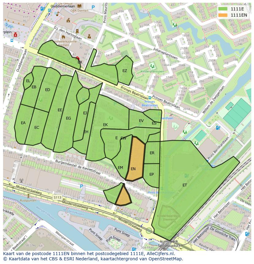 Afbeelding van het postcodegebied 1111 EN op de kaart.