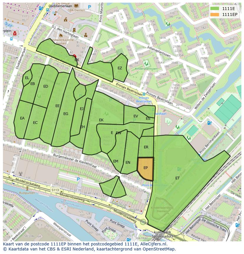 Afbeelding van het postcodegebied 1111 EP op de kaart.