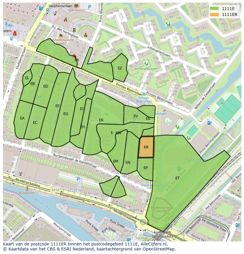 Afbeelding van het postcodegebied 1111 ER op de kaart.