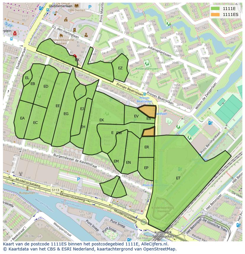 Afbeelding van het postcodegebied 1111 ES op de kaart.
