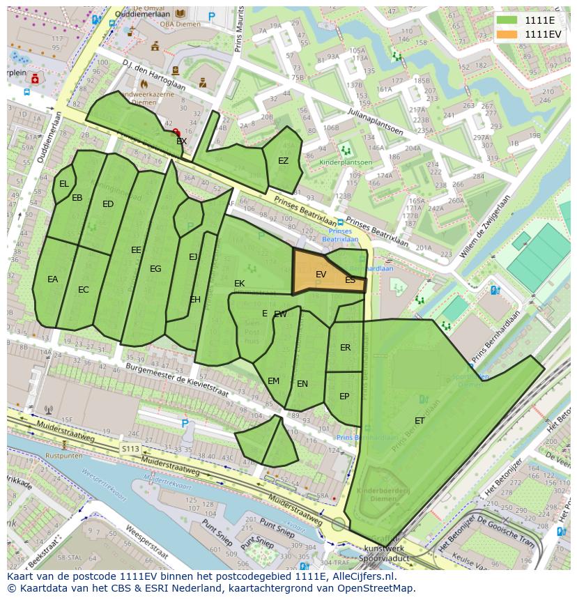 Afbeelding van het postcodegebied 1111 EV op de kaart.