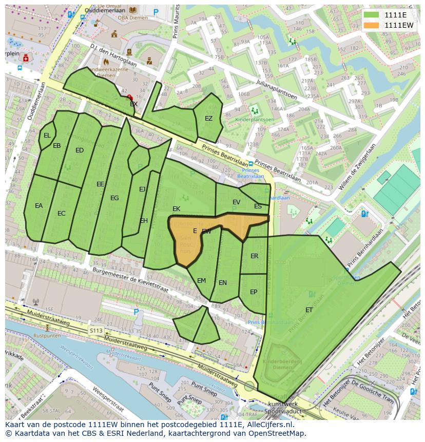 Afbeelding van het postcodegebied 1111 EW op de kaart.
