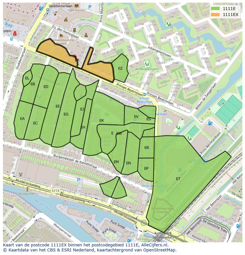 Afbeelding van het postcodegebied 1111 EX op de kaart.
