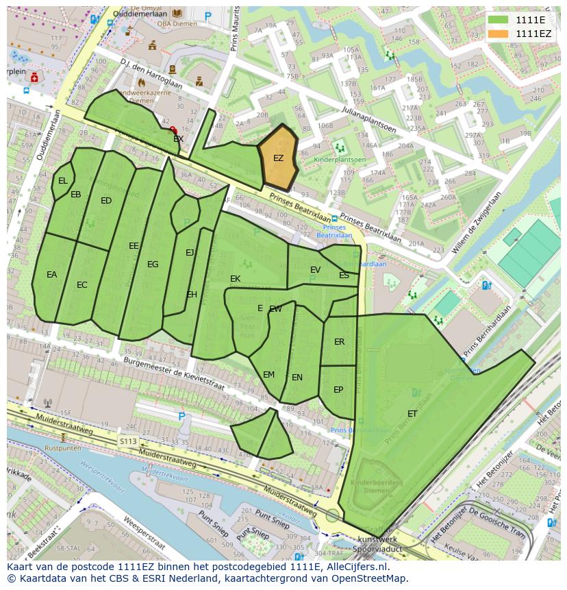 Afbeelding van het postcodegebied 1111 EZ op de kaart.