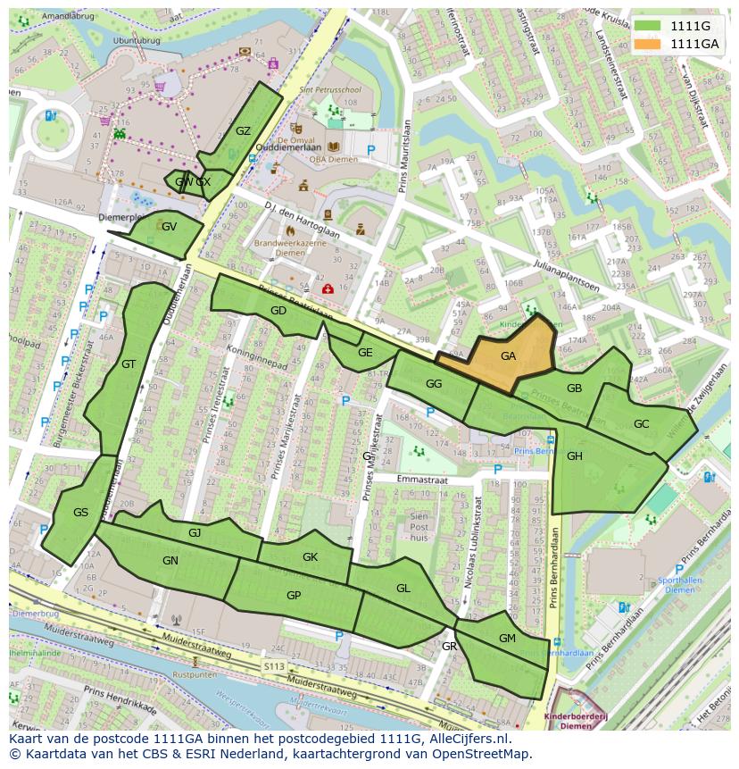 Afbeelding van het postcodegebied 1111 GA op de kaart.