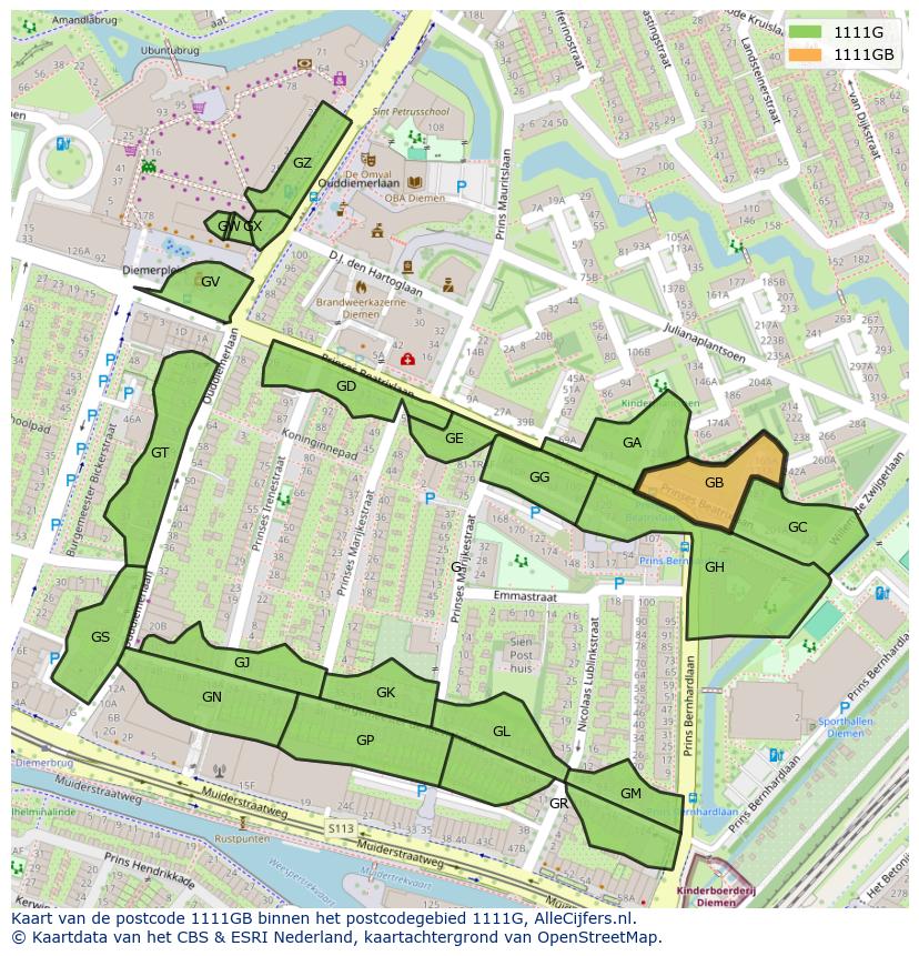 Afbeelding van het postcodegebied 1111 GB op de kaart.
