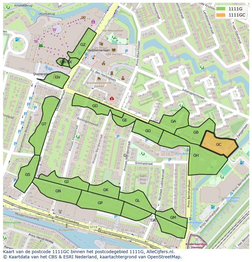 Afbeelding van het postcodegebied 1111 GC op de kaart.