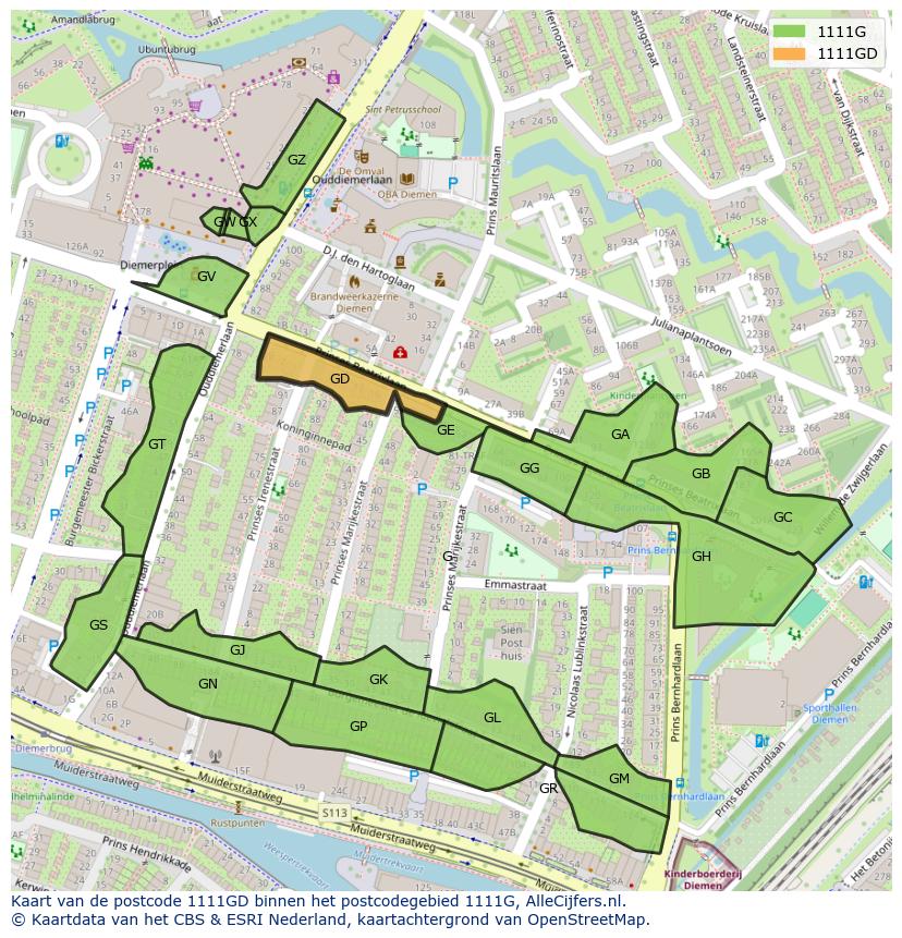 Afbeelding van het postcodegebied 1111 GD op de kaart.