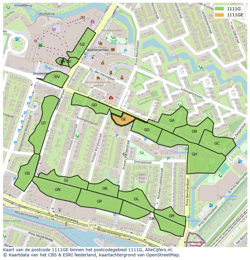 Afbeelding van het postcodegebied 1111 GE op de kaart.