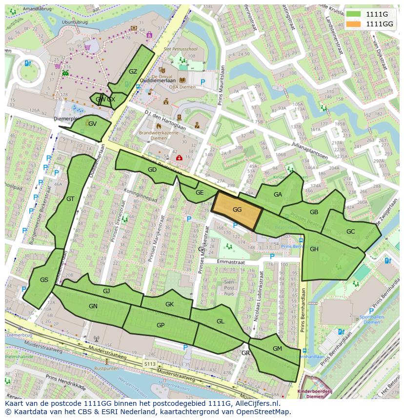 Afbeelding van het postcodegebied 1111 GG op de kaart.
