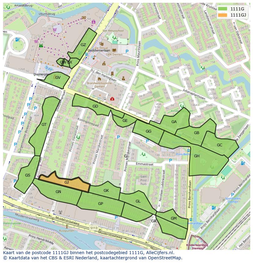 Afbeelding van het postcodegebied 1111 GJ op de kaart.