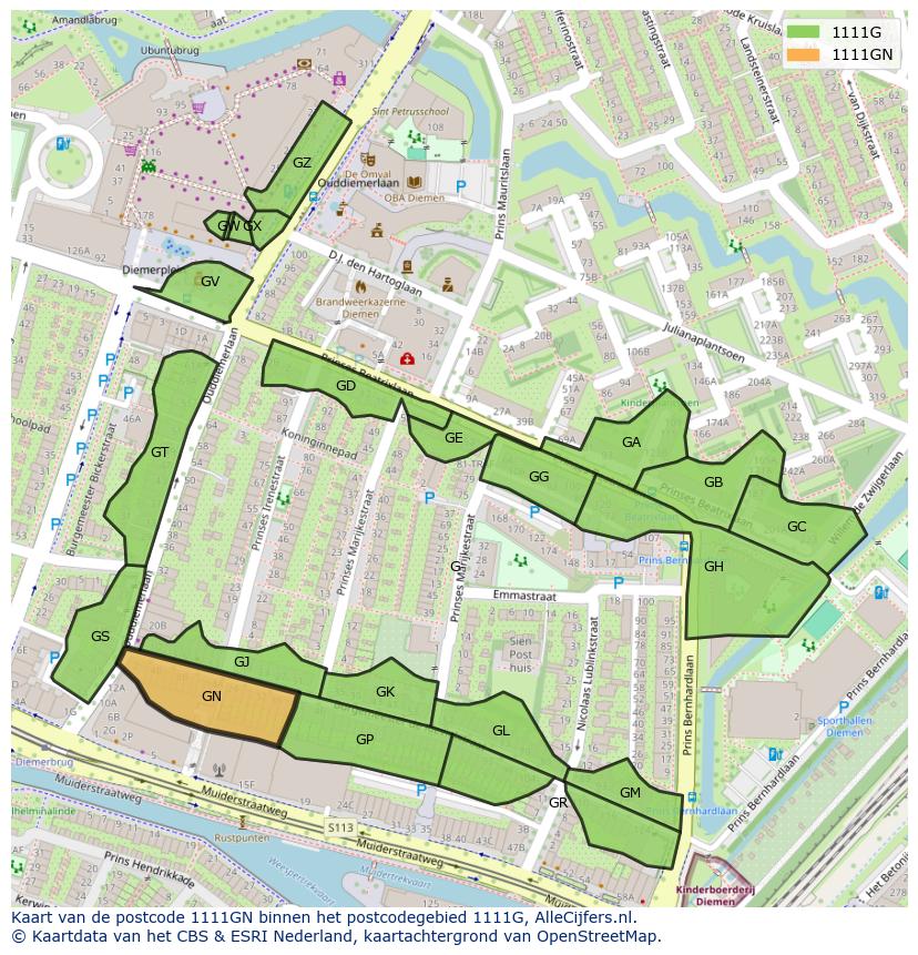 Afbeelding van het postcodegebied 1111 GN op de kaart.