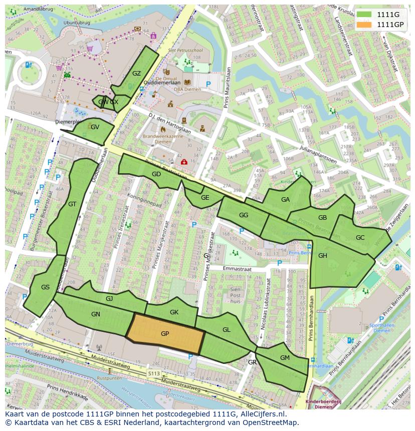 Afbeelding van het postcodegebied 1111 GP op de kaart.