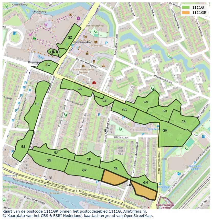Afbeelding van het postcodegebied 1111 GR op de kaart.